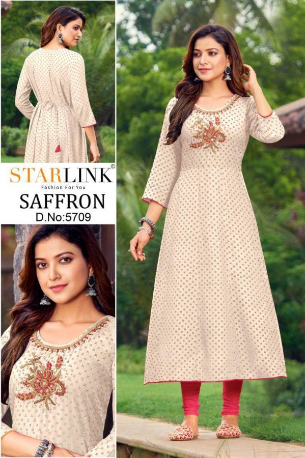 Starlink Saffron Rayon Fancy Ethnic Wear Foli Printed Kurti Collection